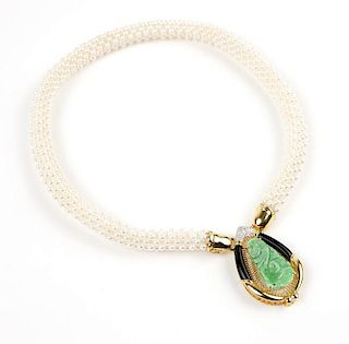A seed pearl, gold and jade necklace