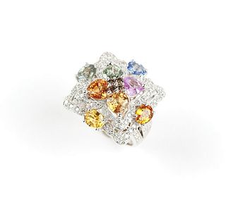 A multi-colored sapphire and diamond ring