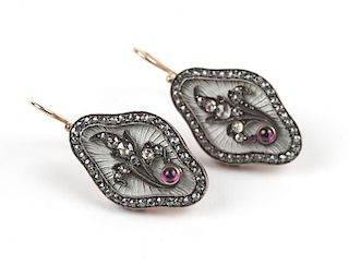 A pair of Russian diamond and enamel ear pendants