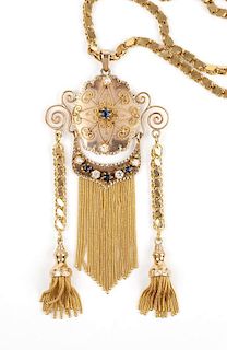 A gold, diamond and sapphire pendant necklace