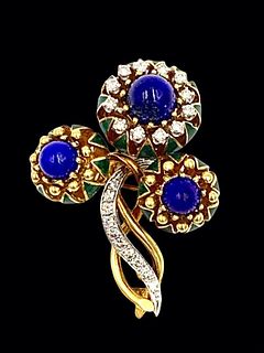 French Lapis, Diamond and Enamel Brooch