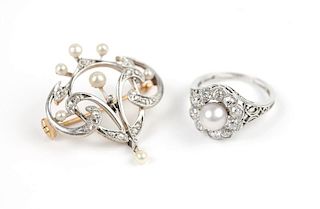 Two Edwardian pearl and diamond jewelry items