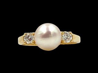 White Pearl Ring with Two Diamonds