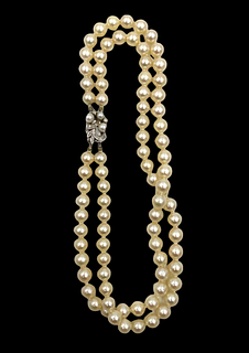 Estate Double Strand Pearl Necklace with Diamond Clasp