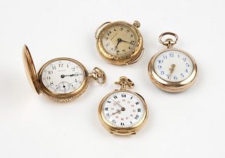 A group of 4 ladies gold pocket & wristwatches