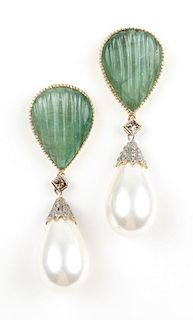 A pair of emerald and mixed gold pendant earrings