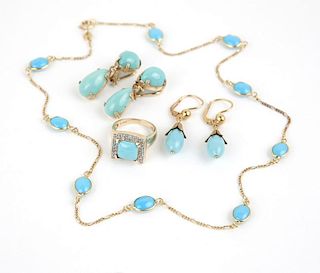 A group of turquoise, glass and gold jewelry