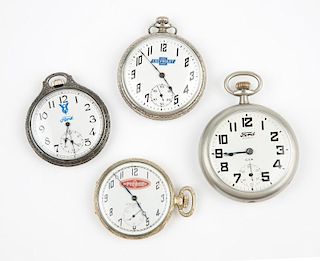 A group of automobile advertizing pocket watches