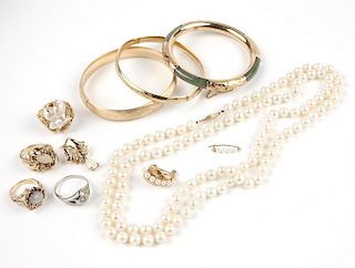 A group of cultured pearl and gold jewelry