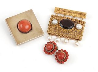 Two brooches and one pair coral costume earclips