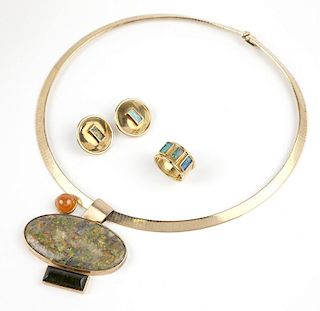 Three opal and gold jewelry items