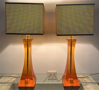 Pair Post Modern Lucite Lamps 