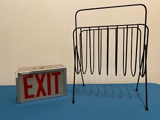 Mid Century Wire Magazine Rack & Exit Sign