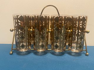 MId Century Gold Leaf Drinking Glasses in Carrying Caddy