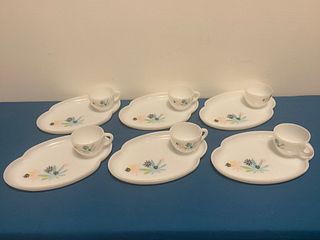 Mid Century Federal Glass Cannabis Pattern Snack Sets Set of 6 