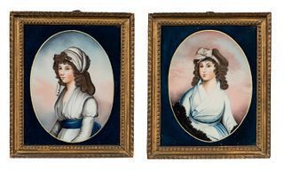 Pair of Reverse-painted Export Portraits of Young Women