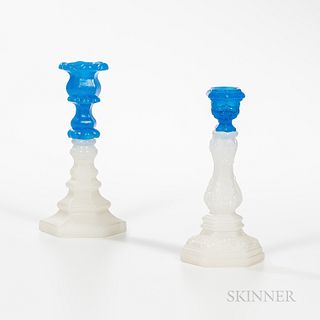 Two Clambroth and Blue Two-color Glass Blown Molded Dolphin Candlesticks