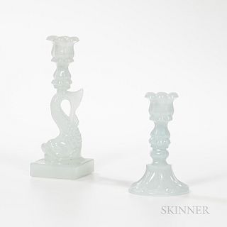 Two Clambroth Glass Blown Molded Candlesticks