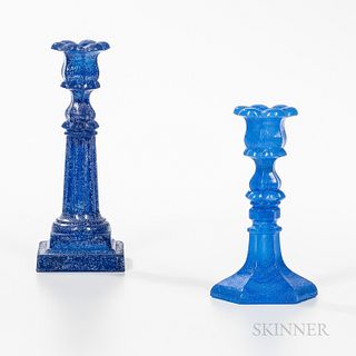 Two Blue Glass Blown Molded Dolphin Candlesticks