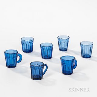 Seven Small Blue Glass Blown Molded Glasses