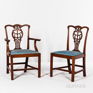 Chippendale Carved Mahogany Armchair and Matching Side Chair