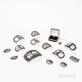 Five Pairs and Three Individual Silver Buckles, a Brass Fob Seal, and a Silver Mourning Ring