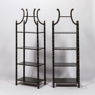 Pair of Black-painted Bamboo-turned Chinese-style Etageres