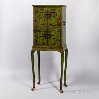 Green-painted and Chinoiserie-decorated Painted Cabinet on Frame