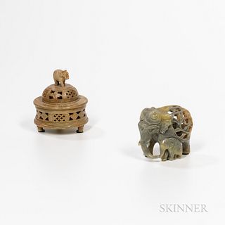 Two Small Carved Hardstone Pieces with Elephants