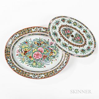 Export Porcelain Sacred Bird and Butterfly Strainer and Platter