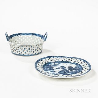 Export Porcelain Blue and White Fruit Basket and Stand