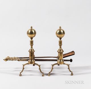Pair of Brass and Iron Belted Ball-top Andirons and Matching Tools