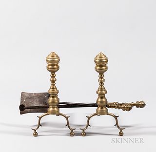 Pair of Classical Brass and Iron Andirons and Matching Tools