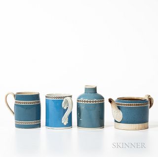 Four Checkered and Blue Slip-decorated Table Items