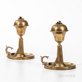Pair of Brass Whale Oil Lamps with Dolphin Handles