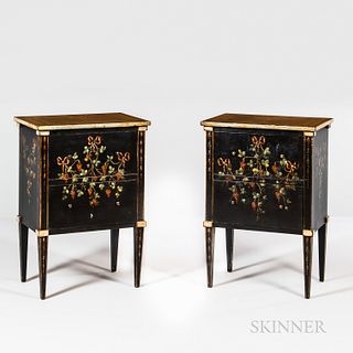 Pair Black-painted and Floral Paint-decorated Bedside Tables