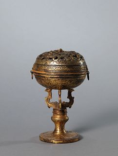 A Gilt Bronze Chilong Censer and Cover