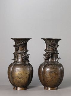 A Pair of Bronze Dragon Lobed Vases