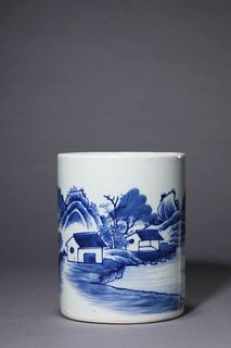 A Blue and White Landscape and Figure Brush Pot