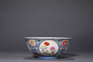 A Blue-Ground Famille Rose Flower Bowl
