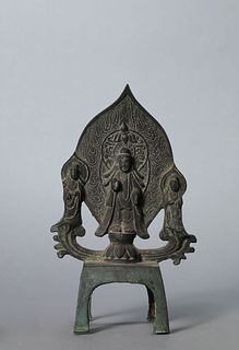 A Rare Bronze Figure of Guanyin and Two Attendants