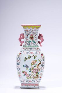 A Famille Rose Flower Double-Eared Square Vase