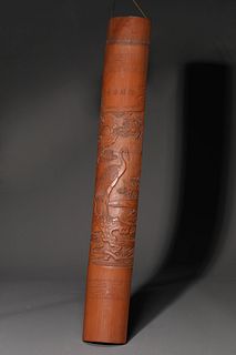 A Carved Bamboo Crane and Pine Arm Rest