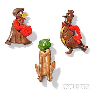 Three Wood and Bakelite Animal Jewelry Pins