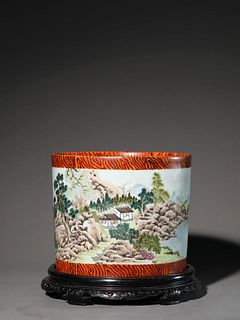 A Famille Rose and Faux-Bois Landscape and Figure Brush Pot