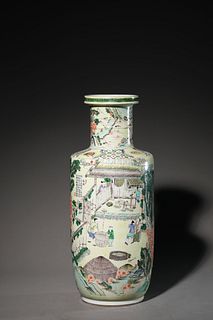 A Wucai Glaze Figure Rouleau-Form Vase