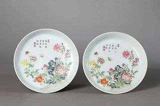 A Pair of A Famille Rose Flower and Inscription Plate