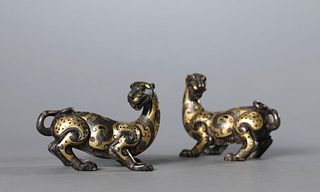 A Pair of Gold and Silver Inlaying Mythical Beasts