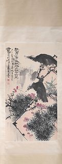 A Chinese Eagle Painting Paper Scroll, Pan Tianshou Mark