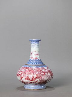 A Yangcai Glaze Landscape and Figure Bottle Vase